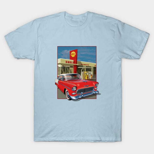 Gas station with 1955 Chevrolet. T-Shirt by candcretro